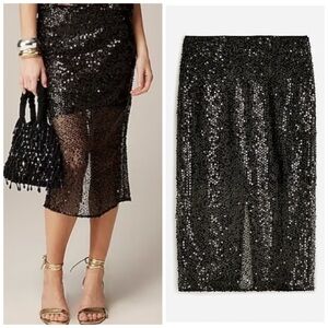 J. Crew Collection Sequined Mesh Black Midi Skirt Size 0 Resortwear NWT